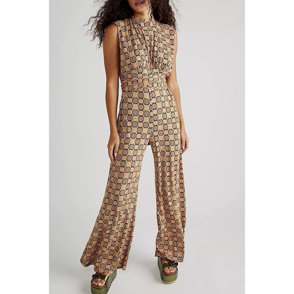 NWT Free People XL Jumpsuit Wide Leg One Piece Boho Chic Floral Stretch Festival